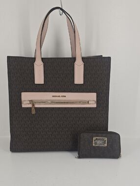 Michael Kors Brown Signature Tote with Pink Trim and Gold Hardware